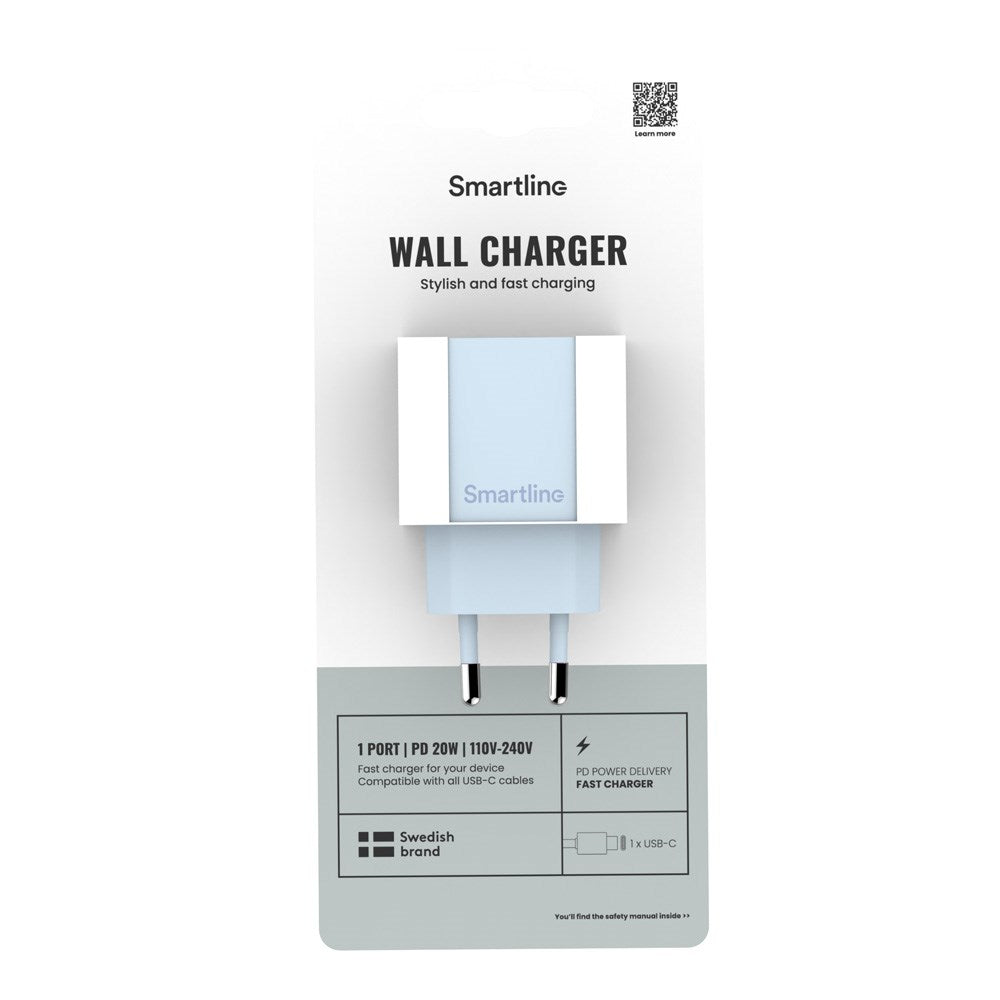 Smartline Vægoplader m. 1 x USB-C - 20W - Lyseblå