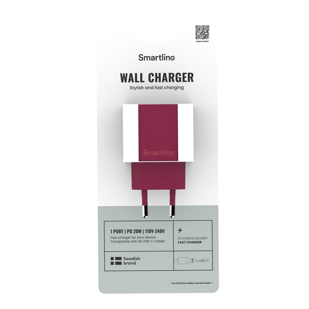 Smartline Vægoplader m. 1 x USB-C - 20W - Mørkerød