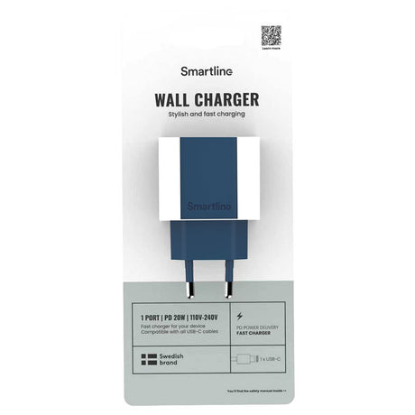 Smartline Vægoplader m. 1 x USB-C - 20W - Mørkeblå
