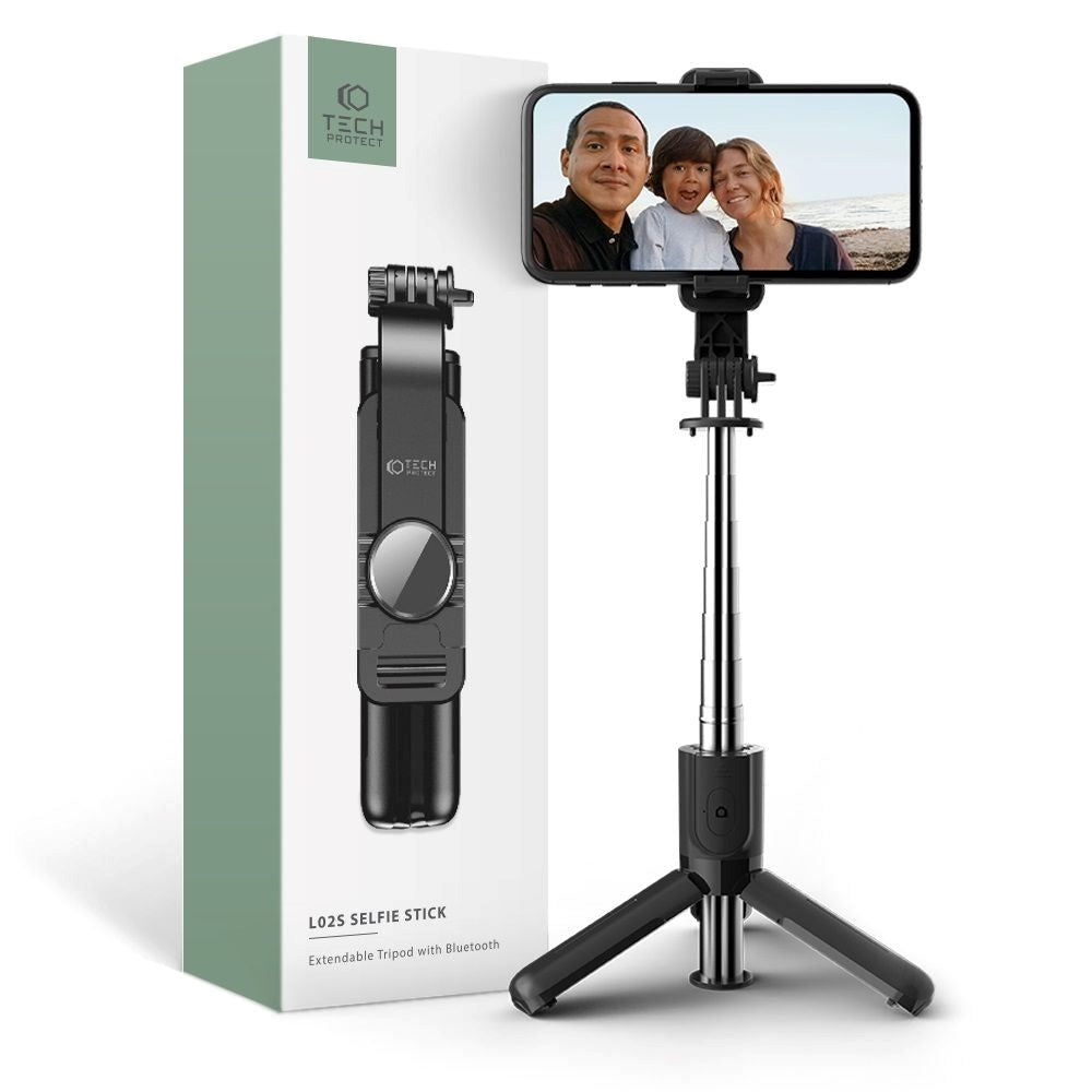 Tech-Protect L02S Kompakt Selfiestang m. Tripod & Bluetooth - Sort