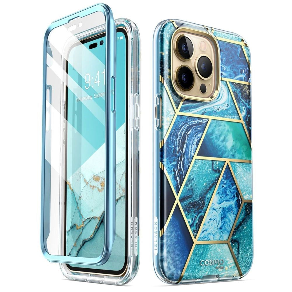 iPhone 14 Pro Max i-Blason Cosmo Marble Bagside Cover m. Skærmbeskyttelse - Ocean Blue