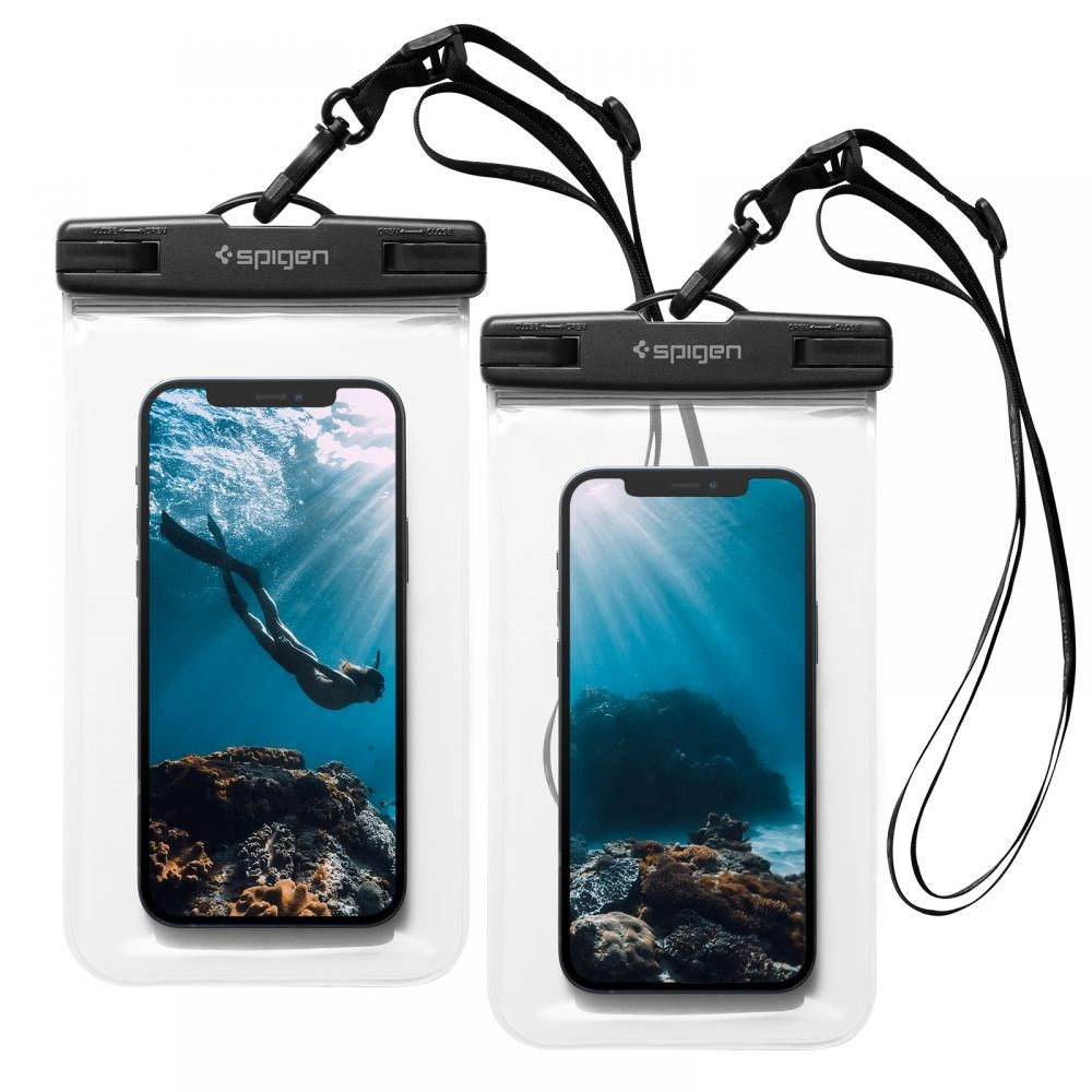 Spigen A601 Universal Vandtæt Etui - 2 Pack - Sort / Gennemsigtig (Maks. Mobil: 163 x 90mm)