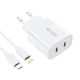 Tech-Protect 20W Vægoplader m. 2 x USB-C & USB-C til Lightning Kabel - Hvid