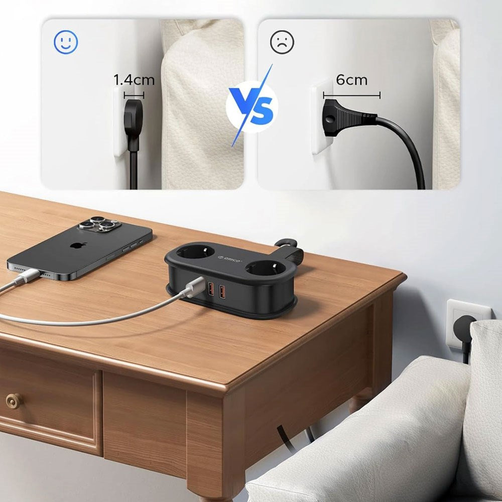 ORICO 5-i-1 Strømskinne m. 20W - 2 x Schuko - 2 x USB-A - 1 x USB-C - Sort