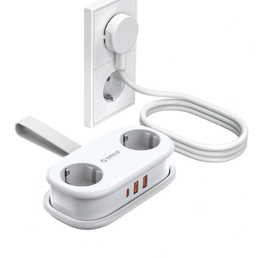 ORICO 5-i-1 Strømskinne m. 20W - 2 x Schuko - 2 x USB-A - 1 x USB-C - Hvid