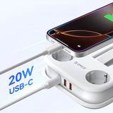 ORICO 5-i-1 Strømskinne m. 20W - 2 x Schuko - 2 x USB-A - 1 x USB-C - Hvid