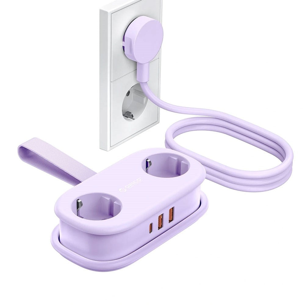 ORICO 5-i-1 Strømskinne m. 20W - 2 x Schuko - 2 x USB-A - 1 x USB-C - Lilla