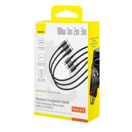 Baseus Tungsten Gold USB-C til USB-C Kabel - 1m / 2m / 3m - 100W - 3 stk - Sort