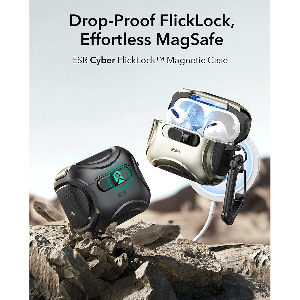 ESR AirPods Pro (3. gen.) Cyber FlickLock Case m. Karabinhage & Lås - Sort