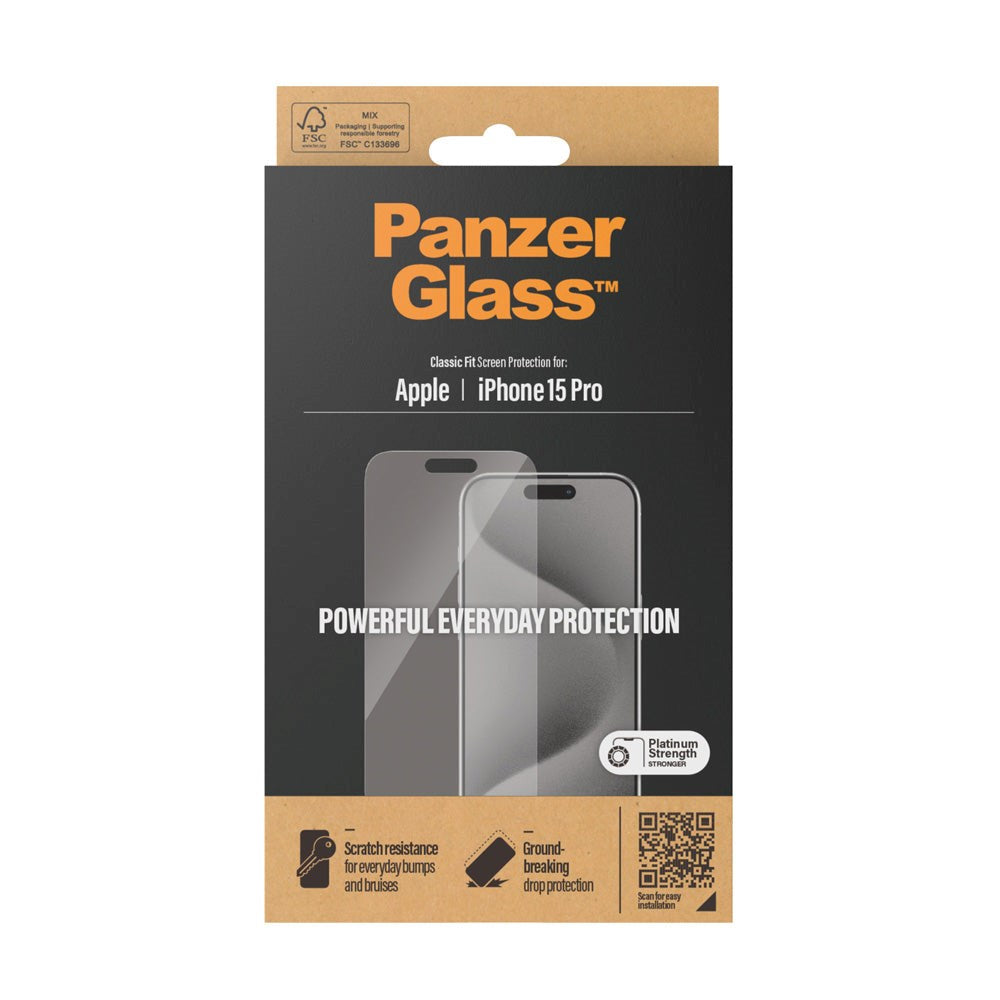 iPhone 15 Pro PanzerGlass Classic Fit Beskyttelsesglas - Platinum Strength - Gennemsigtig