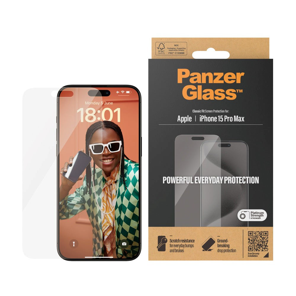 iPhone 15 Pro Max PanzerGlass Classic Fit Beskyttelsesglas - Platinum Strength - Gennemsigtig