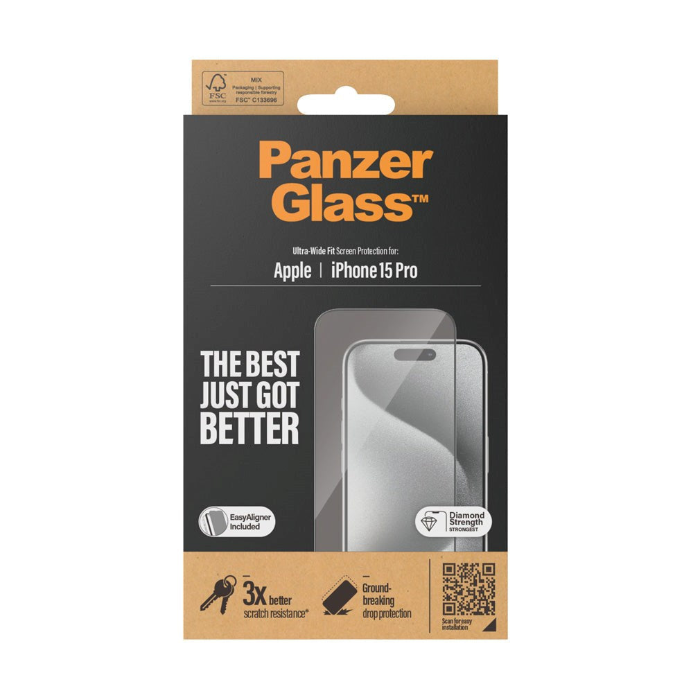 iPhone 15 Pro PanzerGlass Ultra Wide Fit Beskyttelsesglas m. EasyAligner - Diamond Strength - Gennemsigtig / Sort Kant