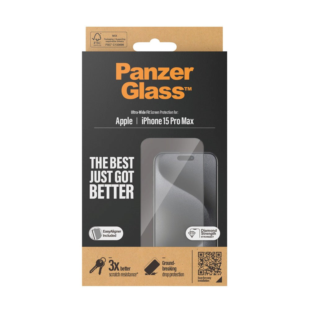 iPhone 15 Pro Max PanzerGlass Ultra Wide Fit Skærmbeskyttelse m. EasyAligner - Diamond Strength - Gennemsigtig / Sort Kant - (DEMO)