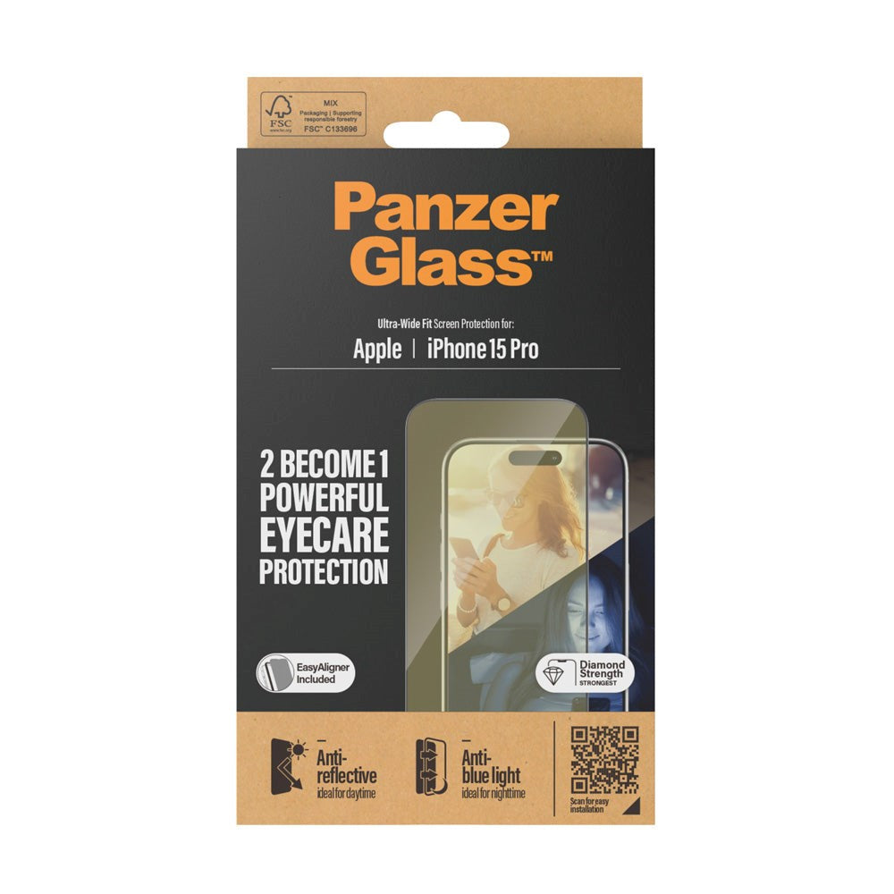 iPhone 15 Pro PanzerGlass Ultra Wide Fit Beskyttelsesglas m. EasyAligner - Anti-Reflective - Anti-Blue Light - Diamond Strength - Gennemsigtig / Sort Kant