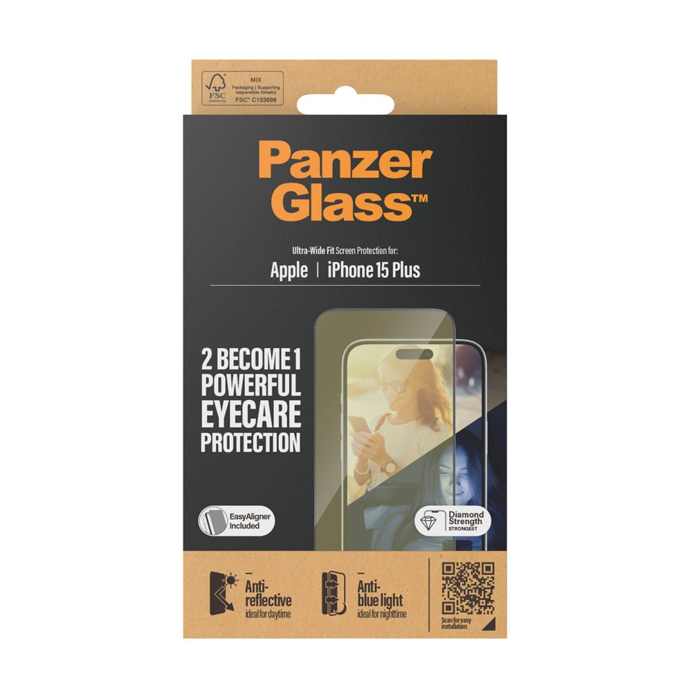 iPhone 15 Plus PanzerGlass Ultra Wide Fit Beskyttelsesglas m. EasyAligner - Anti-Reflective - Anti-Blue Light - Diamond Strength - Gennemsigtig / Sort Kant