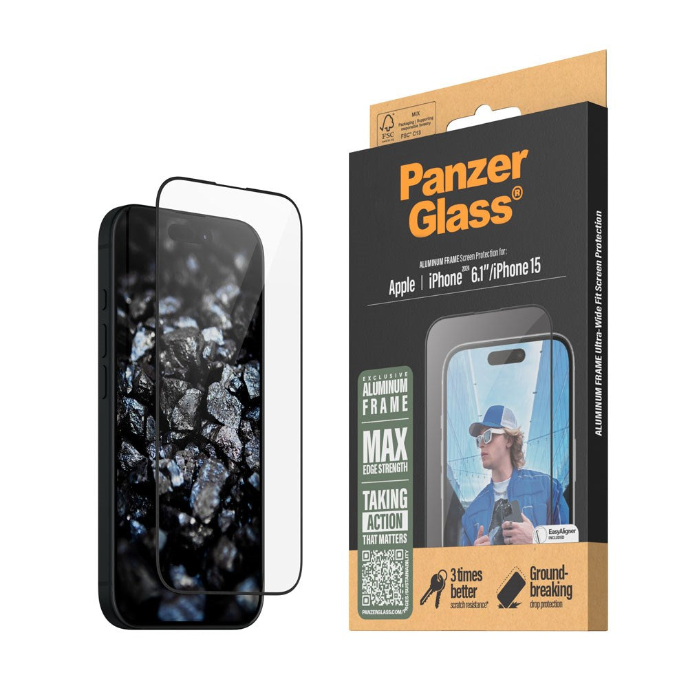 iPhone 16 PanzerGlass Ultra Wide Fit Beskyttelsesglas m. EasyAligner - Aluminum Frame - Diamond Strength - Gennemsigtig / Sort Kant