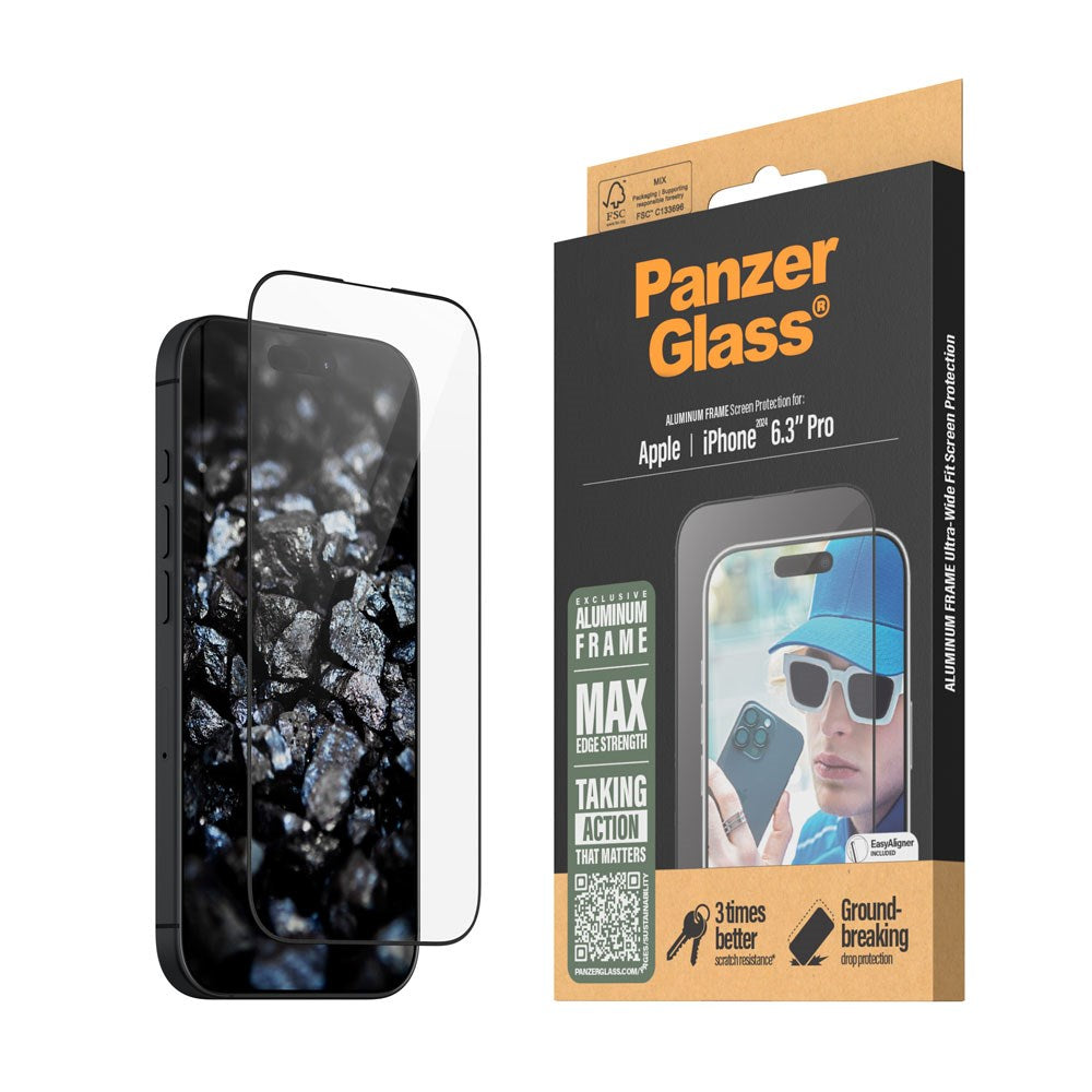 iPhone 16 Pro PanzerGlass Ultra Wide Fit Beskyttelsesglas m. EasyAligner - Aluminum Frame - Diamond Strength - Gennemsigtig / Sort Kant