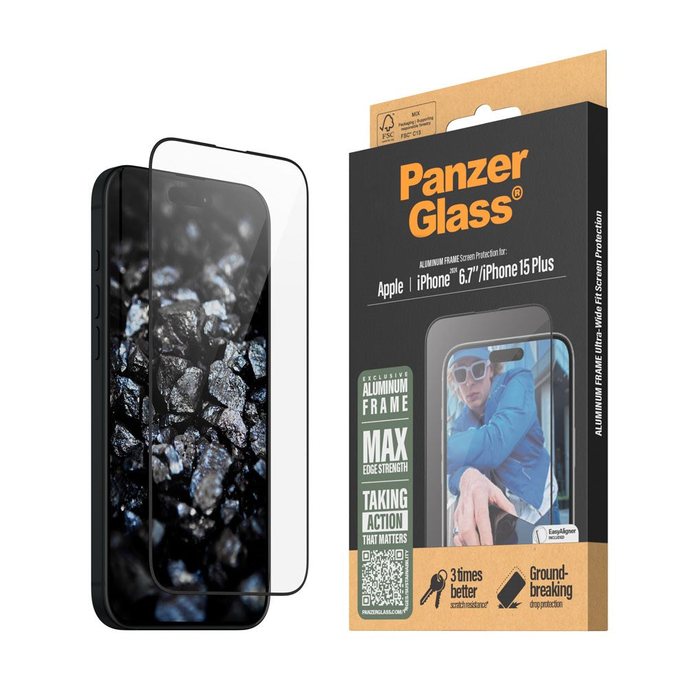 iPhone 16 Plus PanzerGlass Ultra Wide Fit Beskyttelsesglas m. EasyAligner - Aluminum Frame - Diamond Strength - Gennemsigtig / Sort Kant