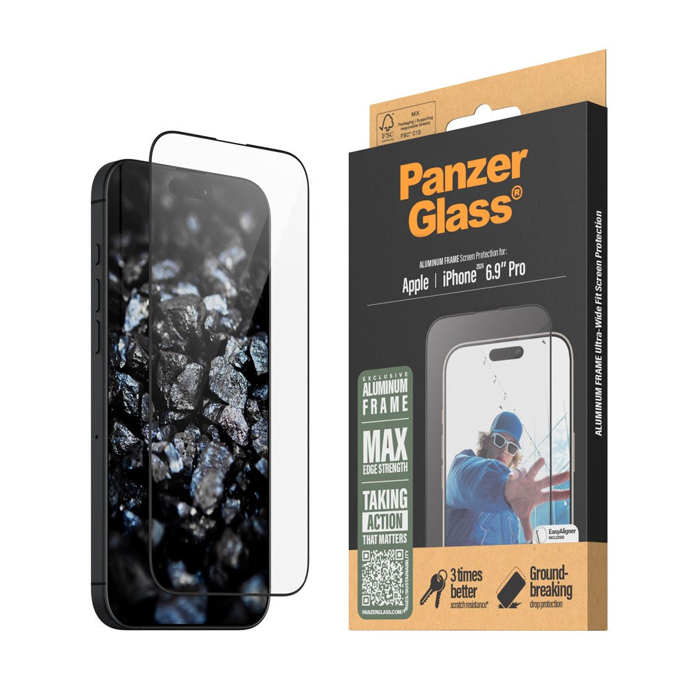 iPhone 16 Pro Max PanzerGlass Ultra Wide Fit Beskyttelsesglas m. EasyAligner - Aluminum Frame - Diamond Strength - Gennemsigtig / Sort Kant