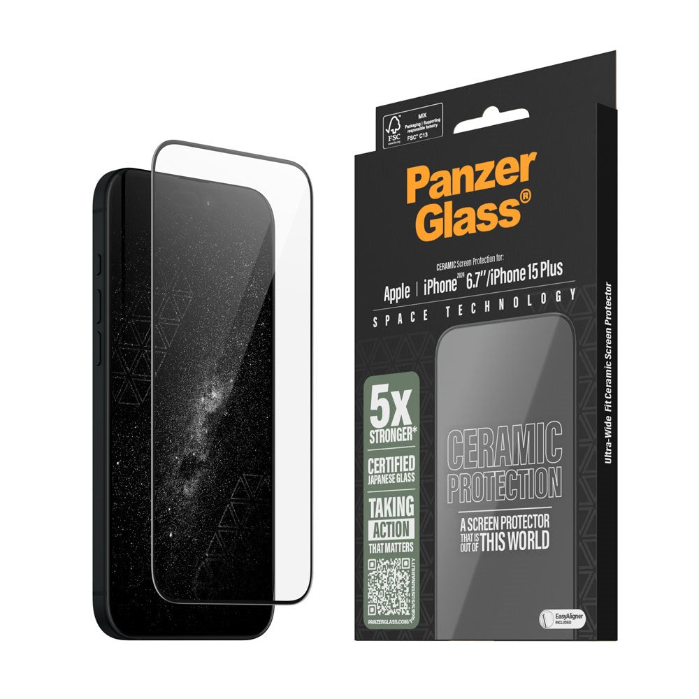 iPhone 16 Plus PanzerGlass Ultra Wide Fit Ceramic Beskyttelsesglas m. EasyAligner - Sort Kant