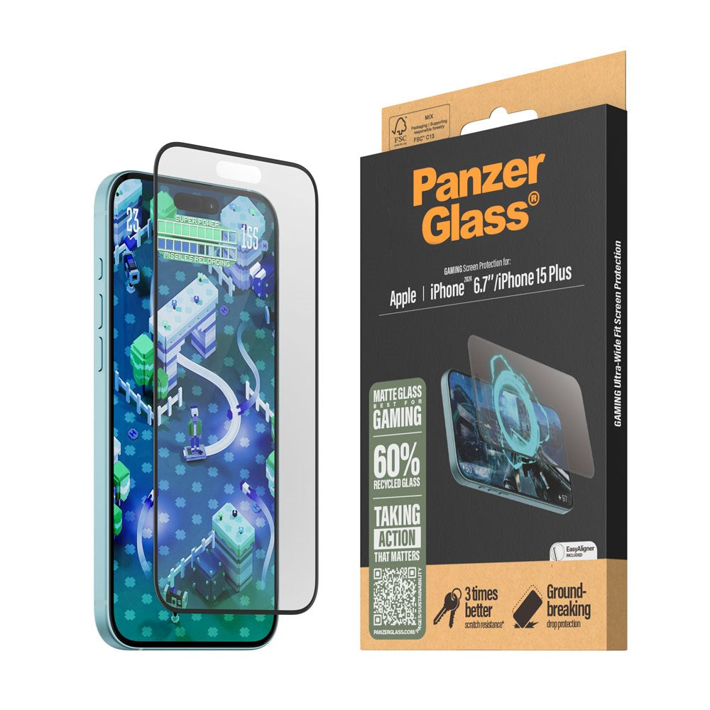 iPhone 16 Plus PanzerGlass Ultra Wide Fit Beskyttelsesglas m. EasyAligner - Anti-Reflective - Diamond Strength - Gennemsigtig / Sort Kant