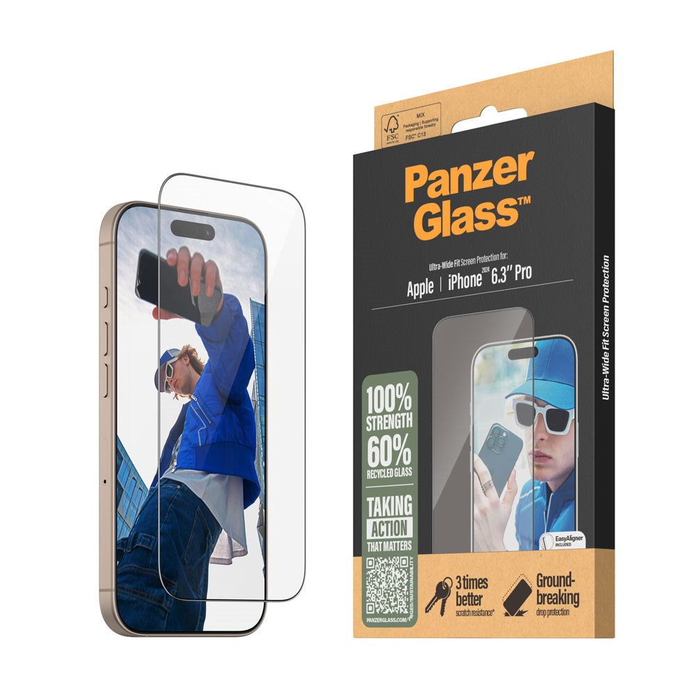 iPhone 16 Pro PanzerGlass Ultra Wide Fit Beskyttelsesglas m. EasyAligner - Diamond Strength - Gennemsigtig / Sort Kant