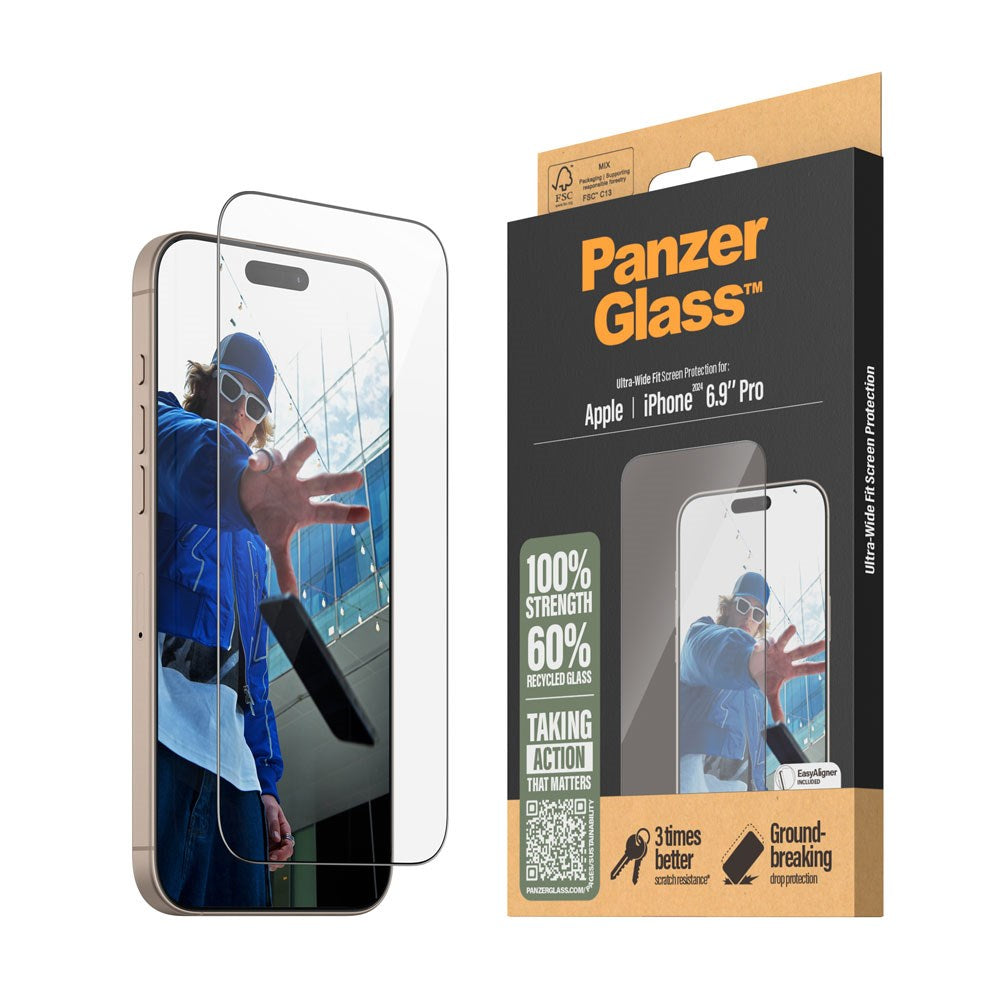 iPhone 16 Pro Max PanzerGlass Ultra Wide Fit Beskyttelsesglas m. EasyAligner - Diamond Strength - Gennemsigtig / Sort Kant