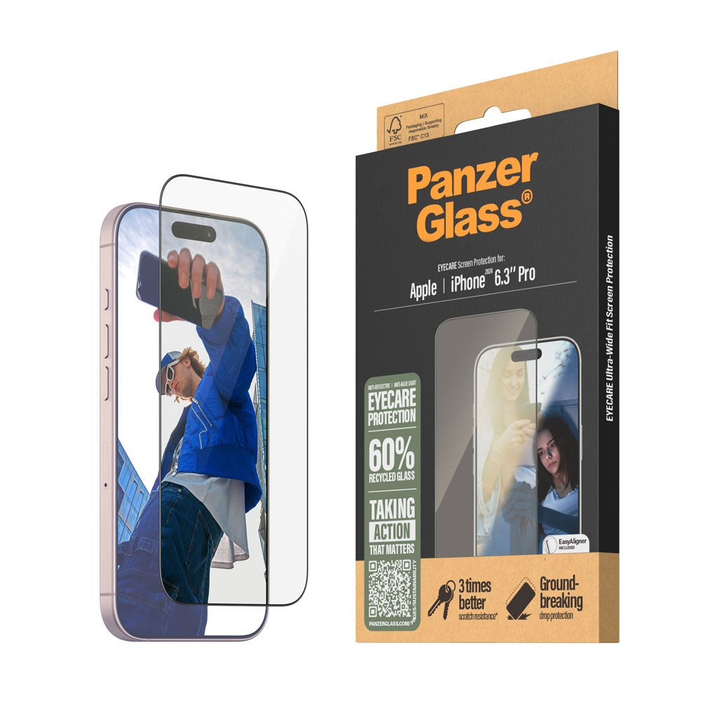 iPhone 16 Pro PanzerGlass Ultra Wide Fit Beskyttelsesglas m. EasyAligner - EyeCare - Diamond Strength - Gennemsigtig / Sort Kant