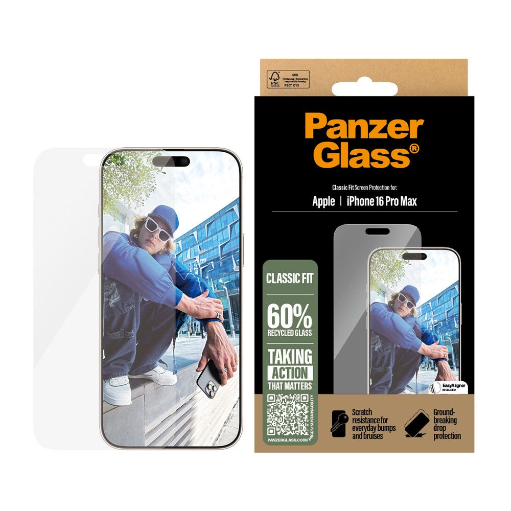 iPhone 16 Pro Max PanzerGlass Classic Fit Beskyttelsesglas m. EasyAligner - Platinum Strength - Gennemsigtig