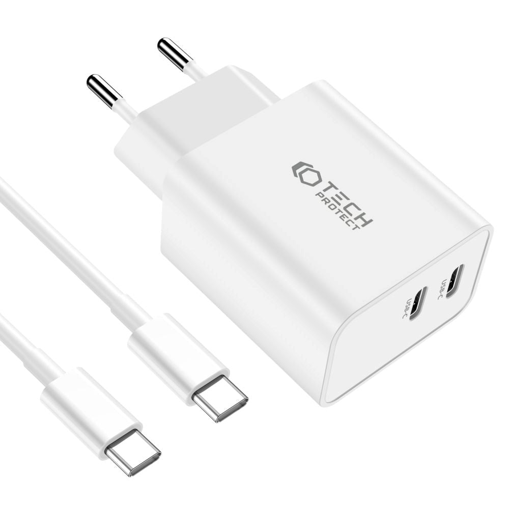 Tech-Protect Network 35W Vægoplader m. 2 x USB-C & USB-C Kabel - Hvid