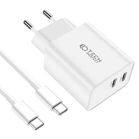 Tech-Protect Network 35W Vægoplader m. 2 x USB-C & USB-C Kabel - Hvid