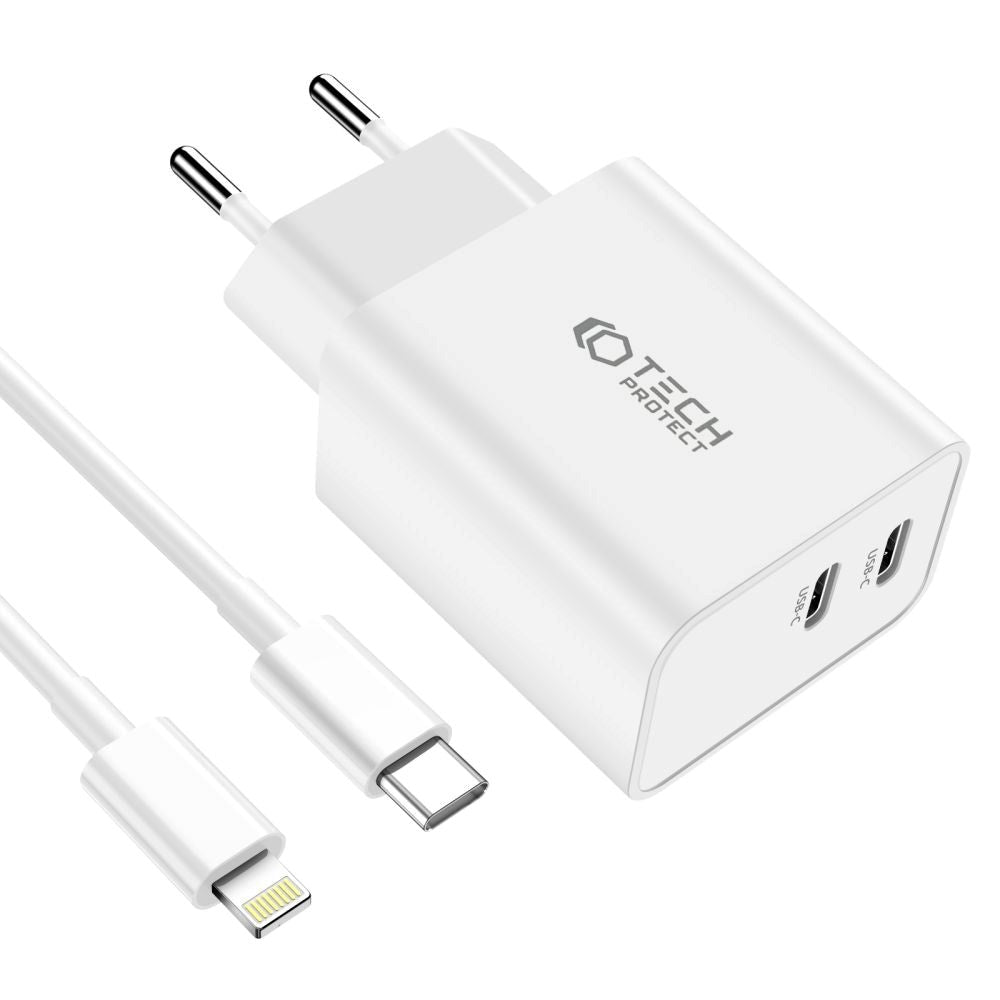 Tech-Protect Network 35W Vægoplader m. 2 x USB-C & Lightning Kabel - Hvid