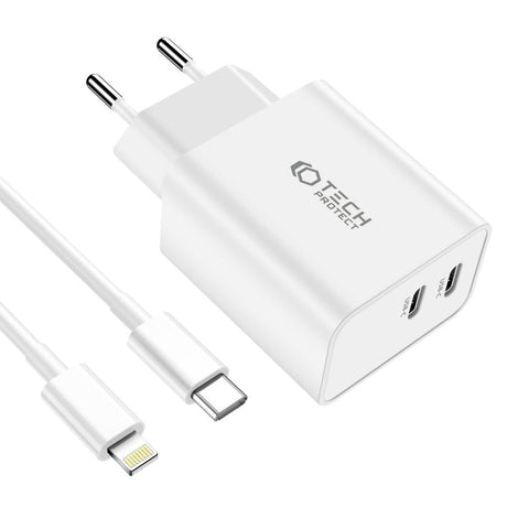 Tech-Protect Network 35W Vægoplader m. 2 x USB-C & Lightning Kabel - Hvid