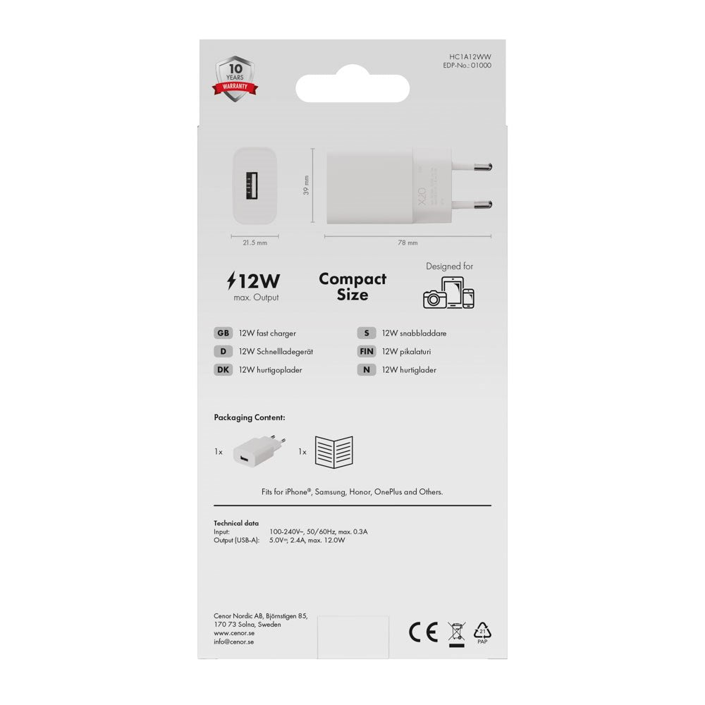 X2O Vægoplader m. 1x USB-A - 12W - Hvid