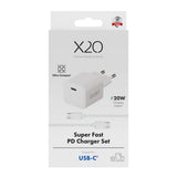 X2O Vægoplader m. 1x USB-C & 1x USB-C Kabel - 1.2m / 20W - Hvid