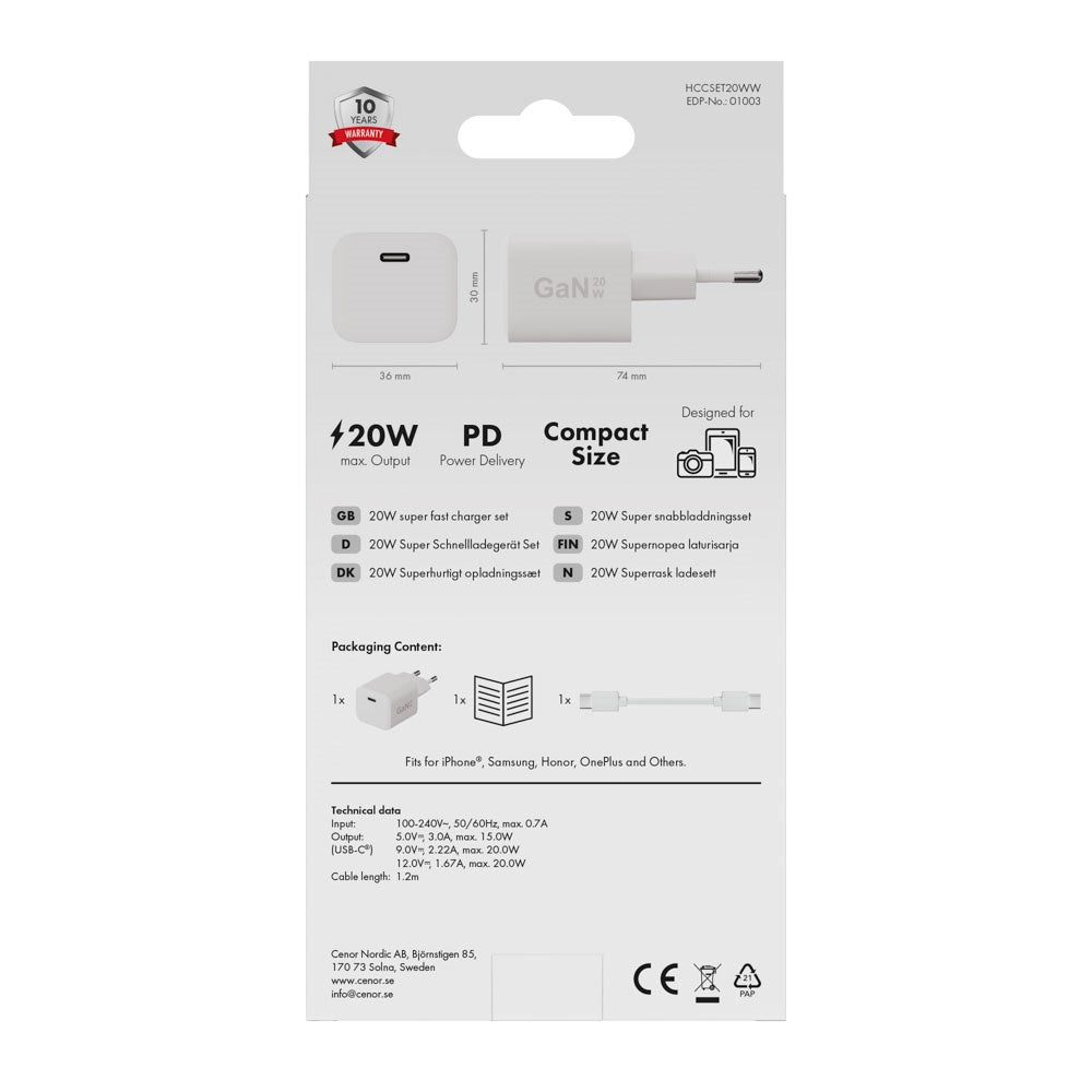 X2O Vægoplader m. 1x USB-C & 1x USB-C Kabel - 1.2m / 20W - Hvid