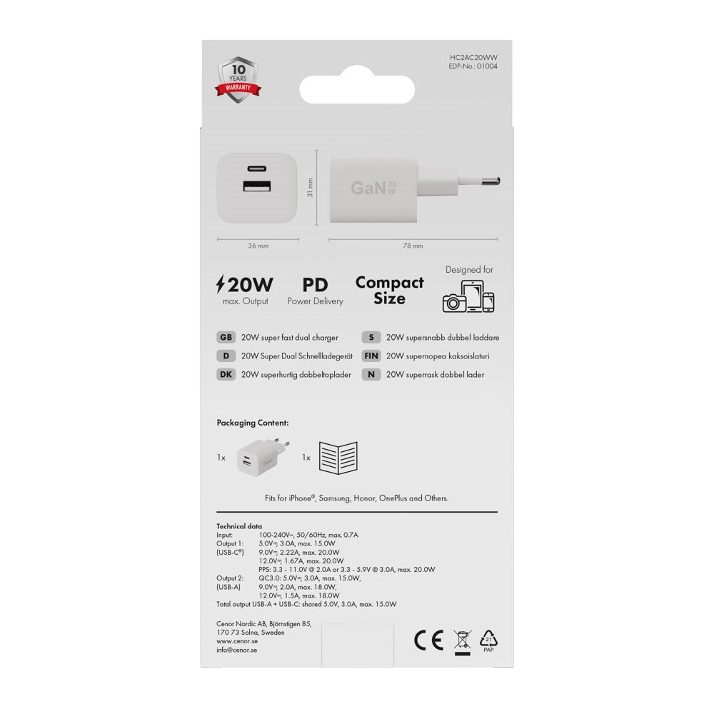 X2O Vægoplader m. 1x USB-A & 1x USB-C - 20W - Hvid