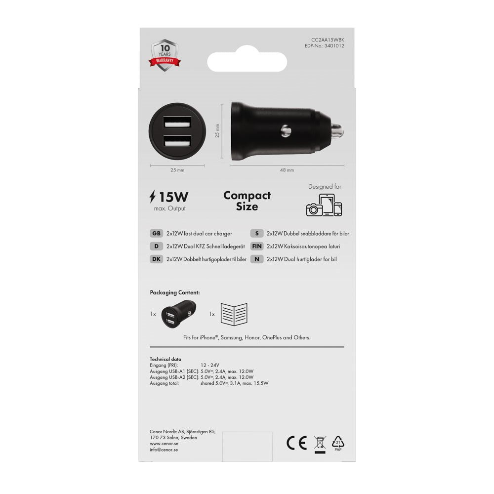 X2O Dobbelt Biloplader - 12W / USB-A - Sort