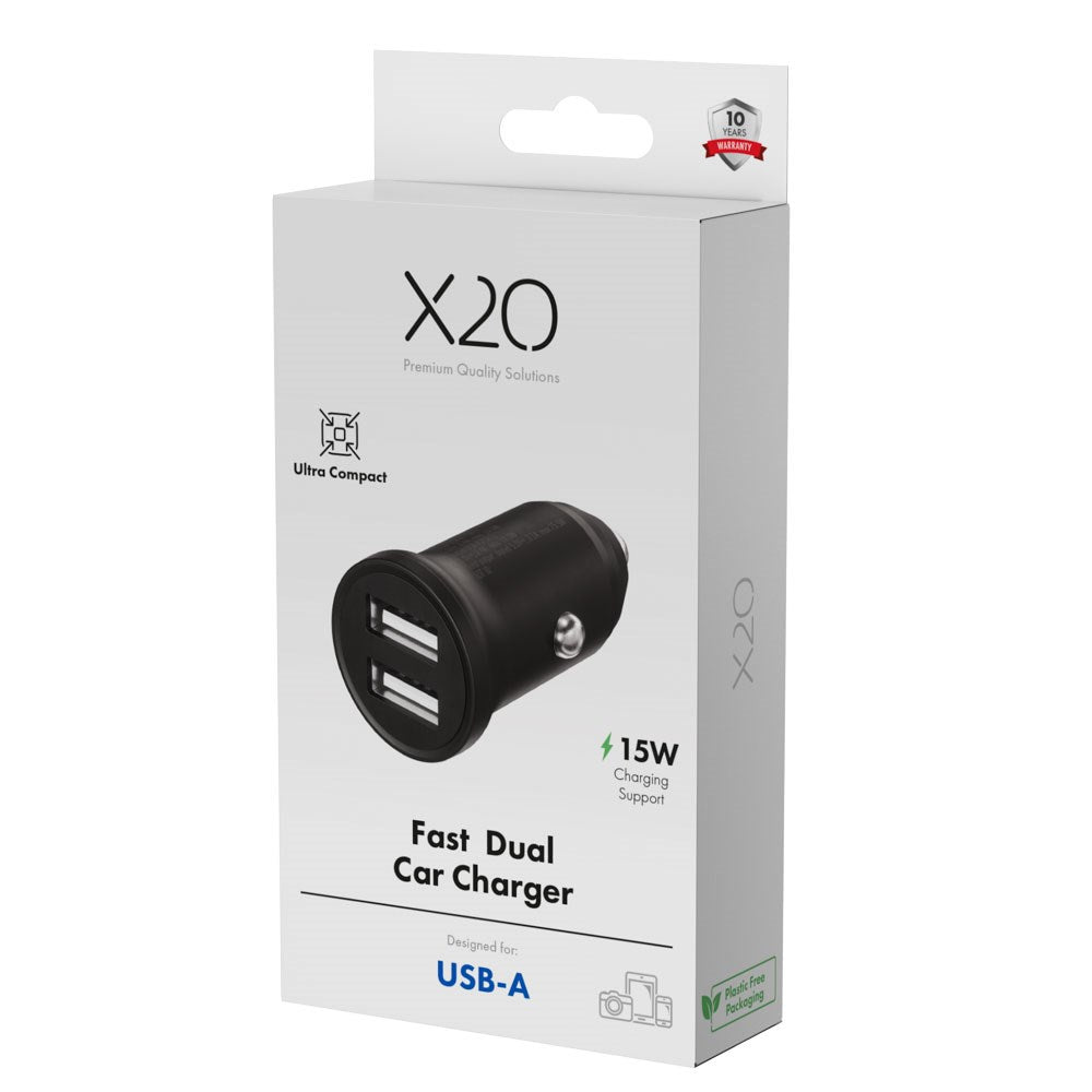 X2O Dobbelt Biloplader - 12W / USB-A - Sort