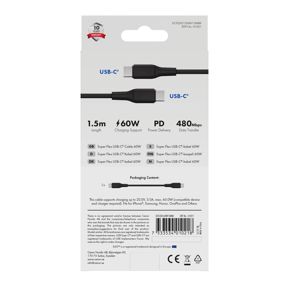 X2O Superflex USB-C til USB-C Kabel - 1.5m / 60W - Sort