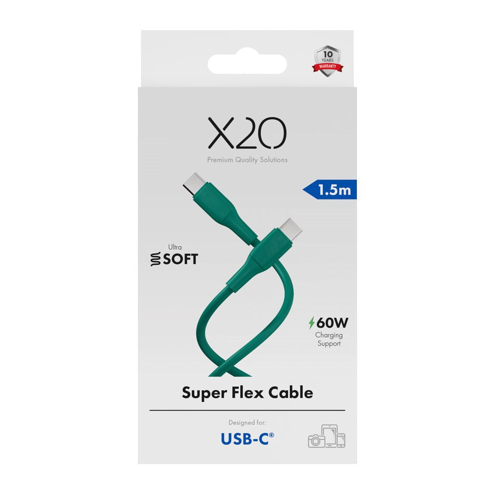 X2O Superflex USB-C til USB-C Kabel - 1.5m / 60W - Grøn