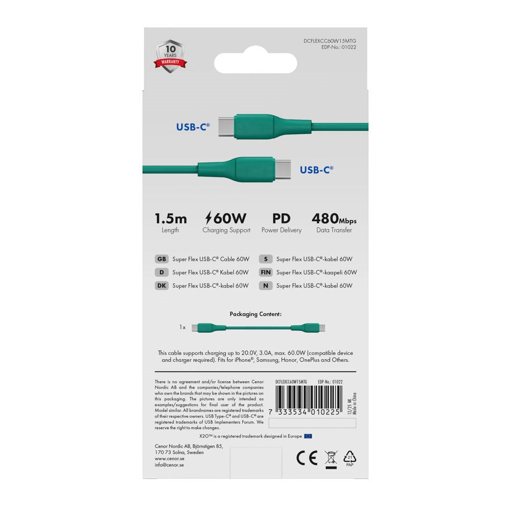 X2O Superflex USB-C til USB-C Kabel - 1.5m / 60W - Grøn