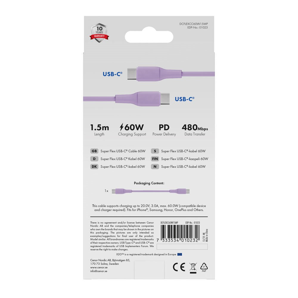 X2O Superflex USB-C til USB-C Kabel - 1.5m / 60W - Lilla