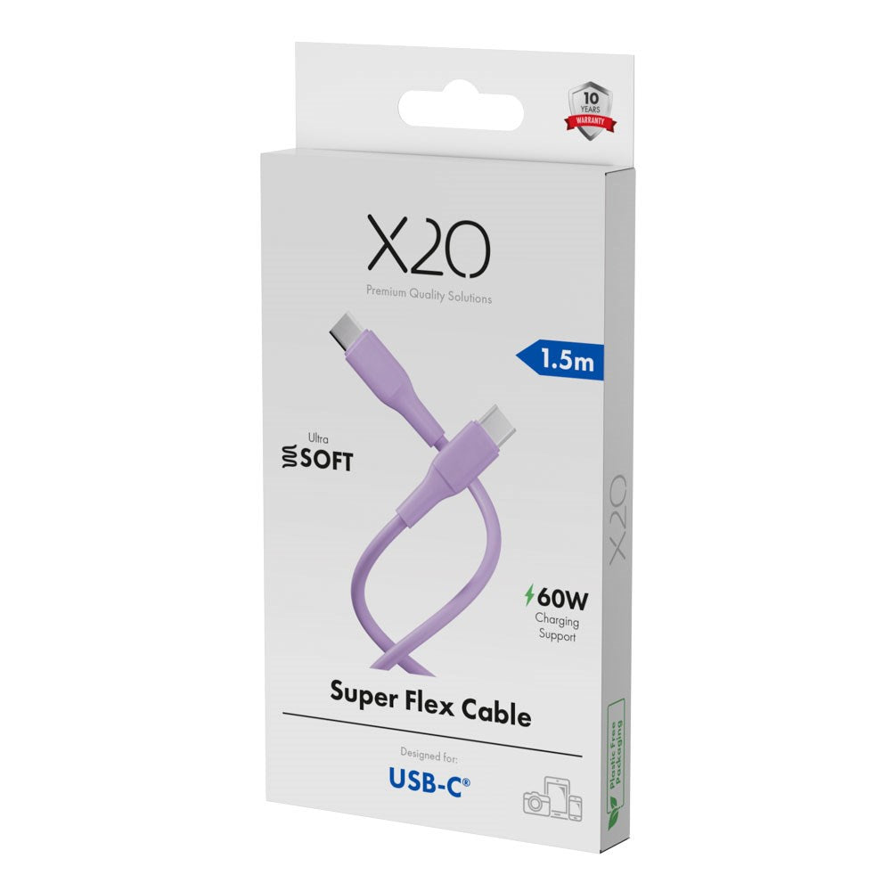 X2O Superflex USB-C til USB-C Kabel - 1.5m / 60W - Lilla