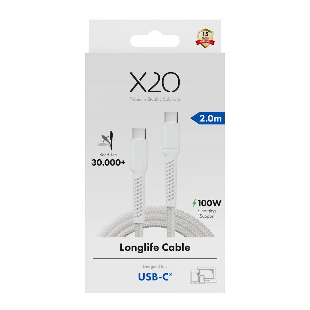 X2O Longlife USB-C til USB-C Kabel - 2m / 100W - Hvid