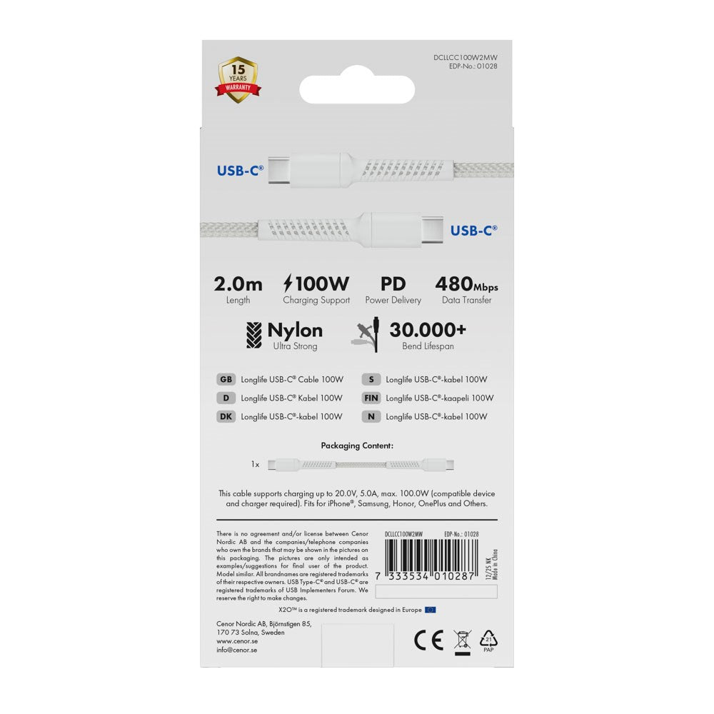 X2O Longlife USB-C til USB-C Kabel - 2m / 100W - Hvid