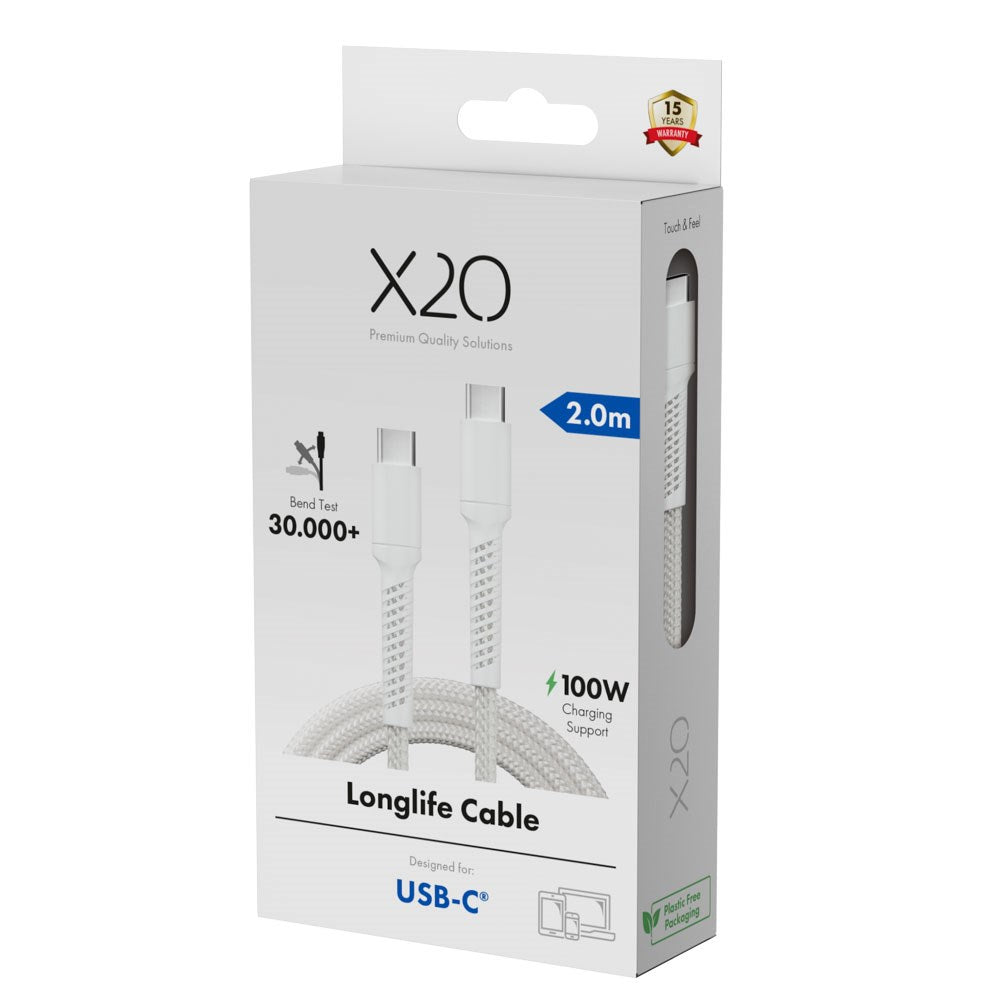 X2O Longlife USB-C til USB-C Kabel - 2m / 100W - Hvid