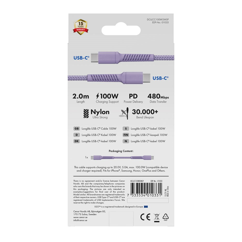 X2O Longlife USB-C til USB-C Kabel - 2m / 100W - Lilla
