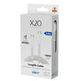 X2O Longlife USB-C til USB-C Kabel - 3m / 100W - Hvid