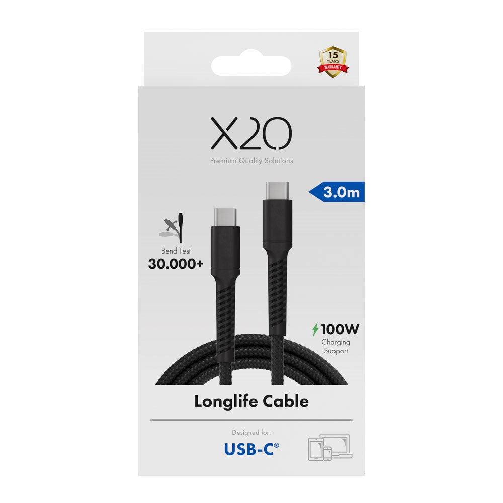 X2O Longlife USB-C til USB-C Kabel - 3m / 100W - Sort